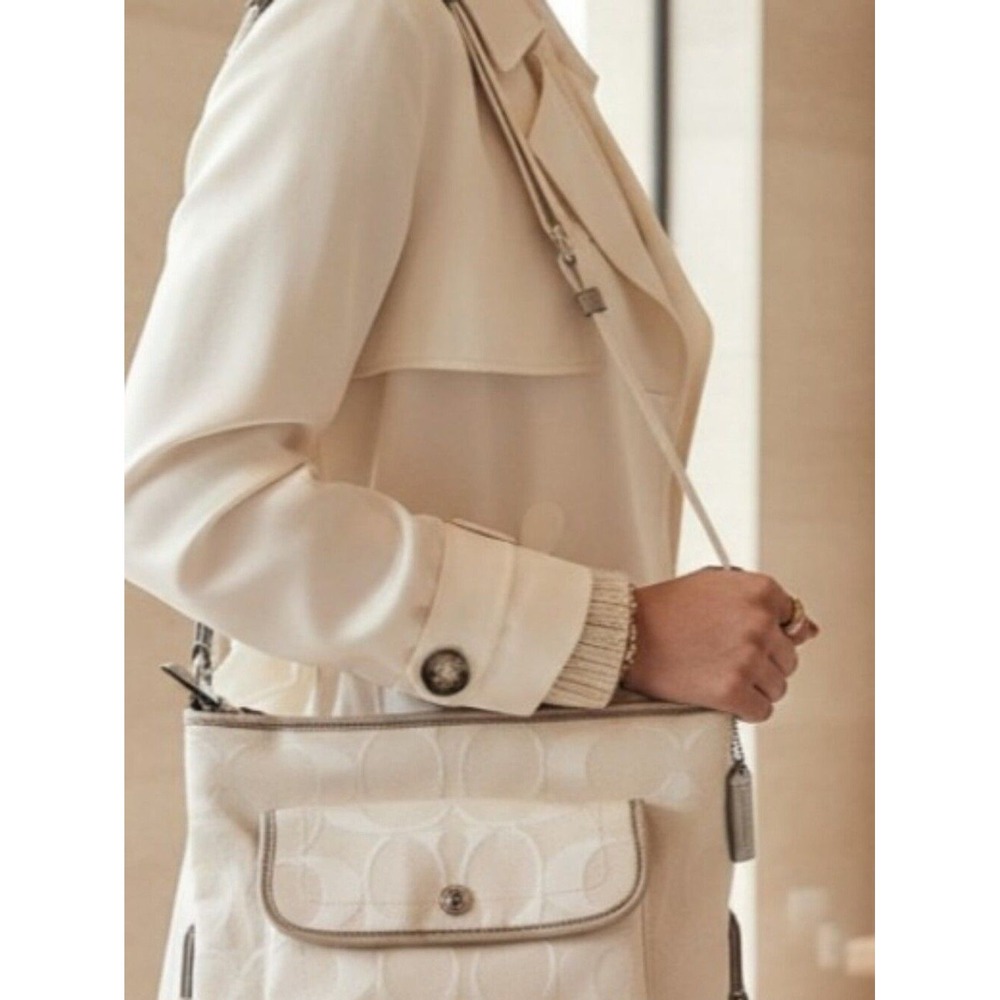 Coach Signature Jacquard Shoulder Bag White Canvas Front Pocket Adjustable Strap